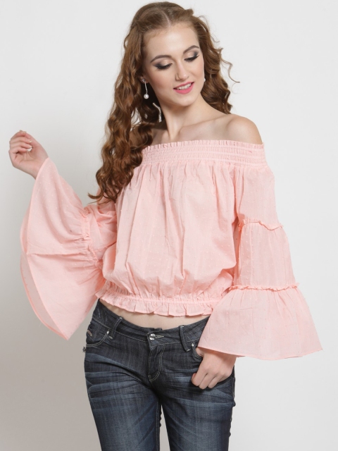 

Sera Women Peach-Coloured Self Design Bardot Pure Cotton Top