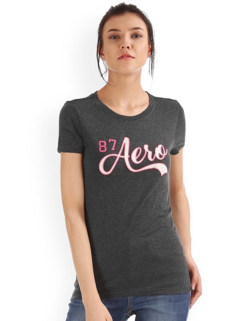 

Aeropostale Women Charcoal Printed Round Neck T-shirt