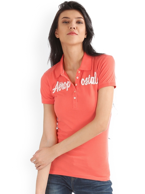 

Aeropostale Women Orange Printed Polo Collar T-shirt