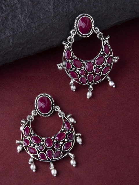 

Rubans Silver-Toned & Pink Crescent Shaped Handcrafted Chandbalis