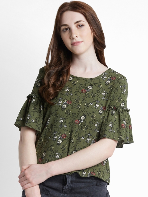 

Honey by Pantaloons Women Olive Green Printed A-Line Top