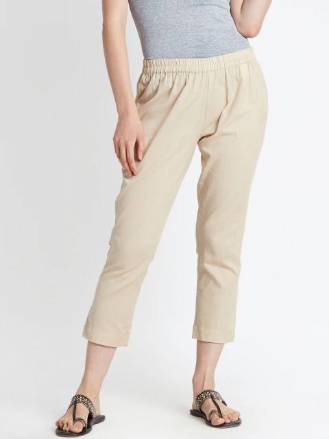

RANGMANCH BY PANTALOONS Women Beige Regular Fit Solid Cigarette Trousers