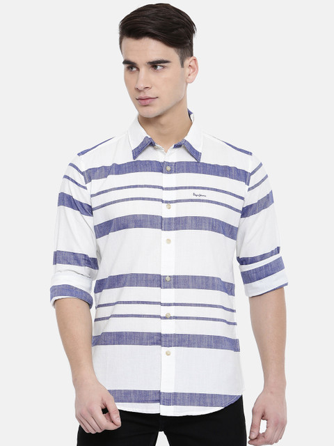 

Pepe Jeans Men White & Blue Slim Fit Striped Casual Shirt