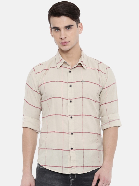 

Pepe Jeans Men Beige & Red Slim Fit Checked Casual Shirt