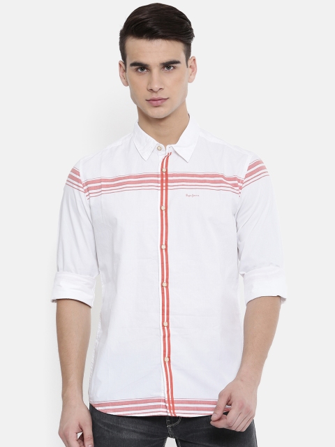 

Pepe Jeans Men White & Orange Slim Fit Striped Casual Shirt