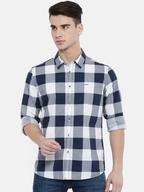 

Pepe Jeans Men Navy Blue & White Slim Fit Checked Casual Shirt