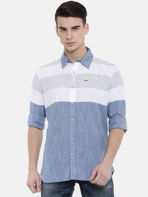 

Pepe Jeans Men Blue & White Slim Fit Striped Casual Shirt