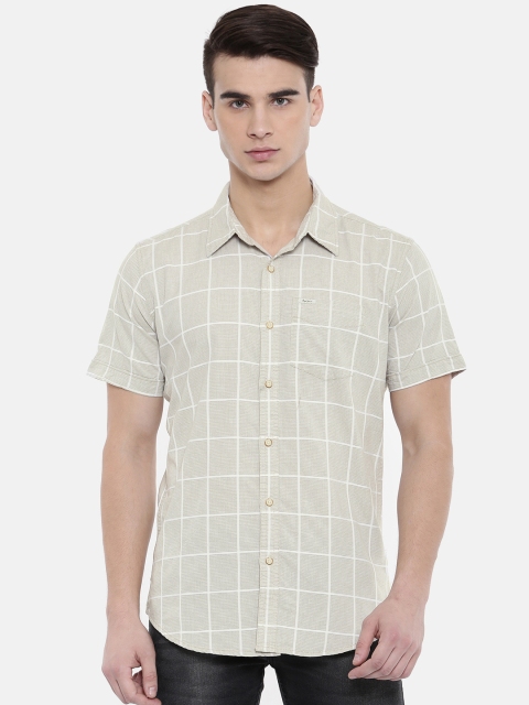 

Pepe Jeans Men Beige & White Slim Fit Checked Casual Shirt