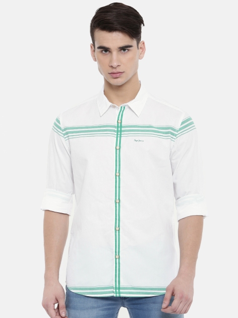 

Pepe Jeans Men White & Green Slim Fit Striped Casual Shirt