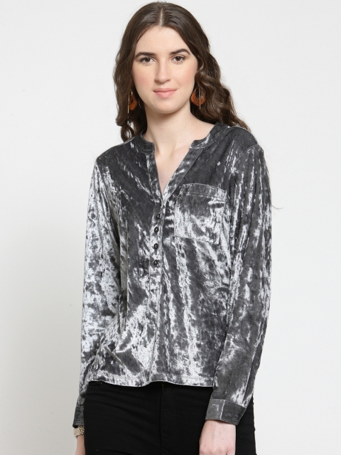 

Latin Quarters Women Grey Velvet Solid Shirt Style Top