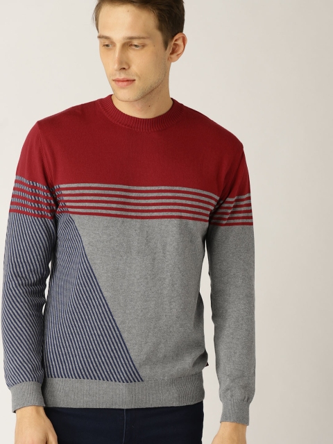 

United Colors of Benetton Men Red & Grey Melange Striped Pullover