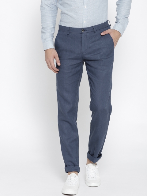 

United Colors of Benetton Men Navy Blue Regular Fit Solid Linen Trousers