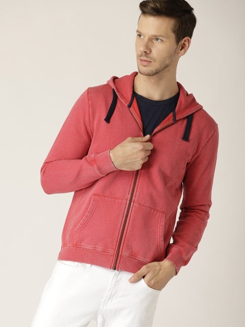 

United Colors of Benetton Men Coral Red Solid Hooded Sweatshirt