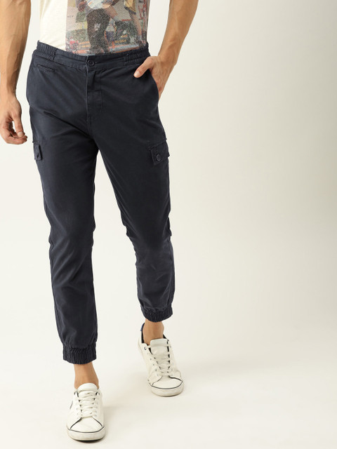 

United Colors of Benetton Men Navy Blue Regular Fit Solid Cropped Cargo Joggers