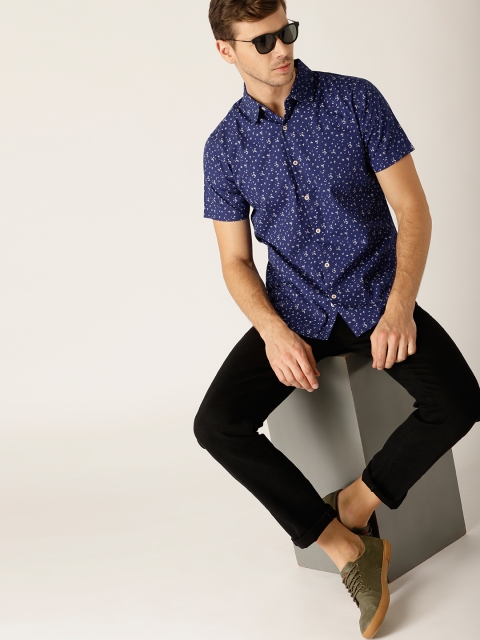 

United Colors of Benetton Men Navy & White Slim Fit Printed Casual Shirt, Navy blue