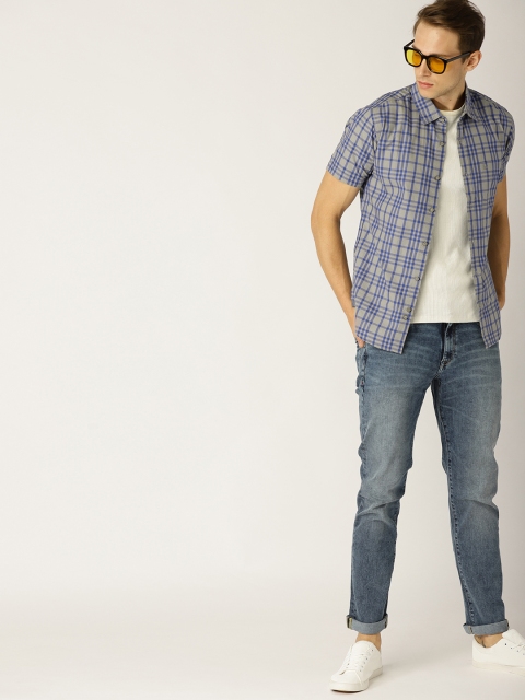 

United Colors of Benetton Men Grey & Blue Slim Fit Checked Casual Shirt