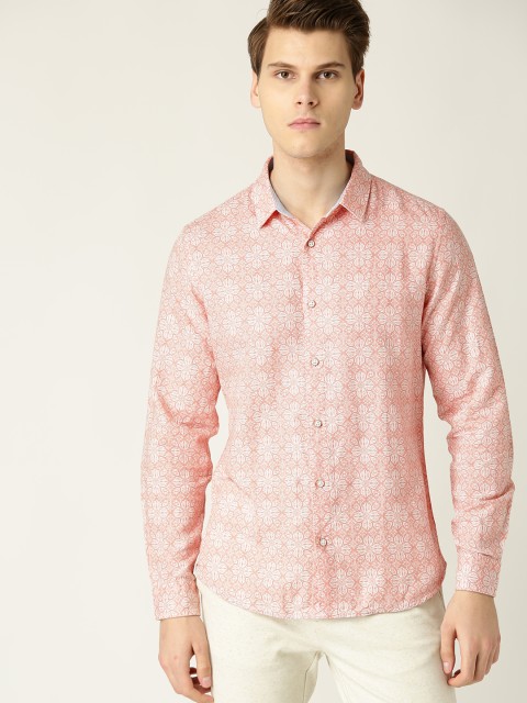 

United Colors of Benetton Men Peach-Coloured & White Slim Fit Printed Casual Shirt