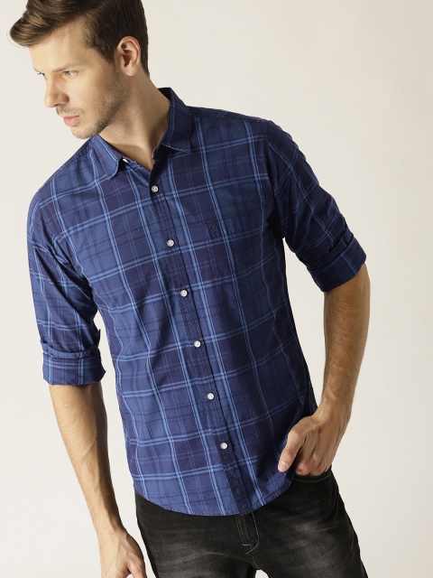 

United Colors of Benetton Men Navy Blue Slim Fit Checked Casual Shirt