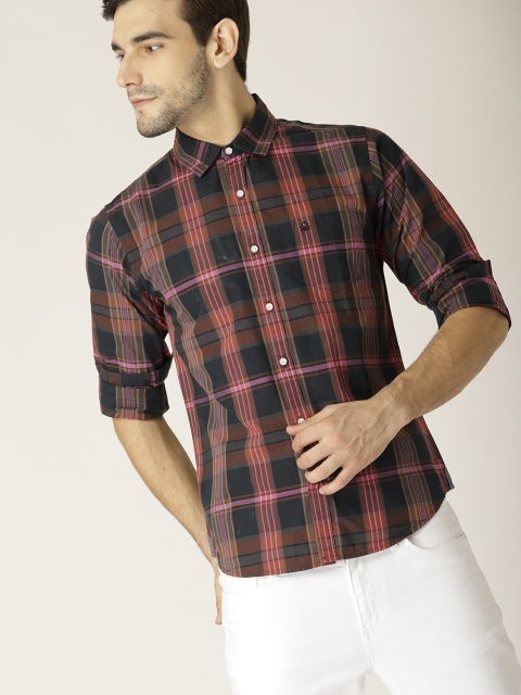 

United Colors of Benetton Men Navy & Pink Slim Fit Checked Casual Shirt, Navy blue