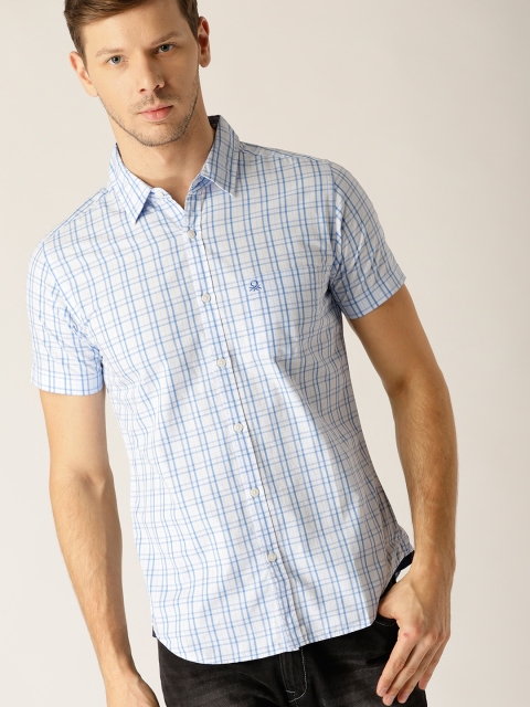 

United Colors of Benetton Men Blue & White Slim Fit Checked Casual Shirt