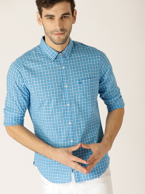 

United Colors of Benetton Men Blue & White Slim Fit Checked Casual Shirt