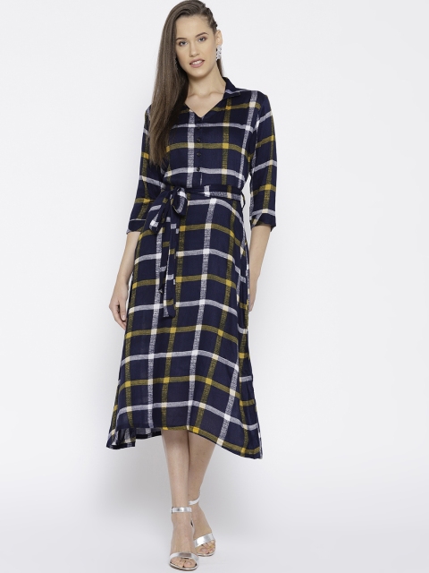 

Celestial Mode Women Navy & White Checked Midi Shirt Dress, Navy blue