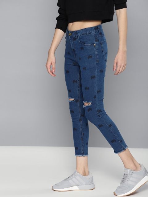 

Justice League Women Blue Skinny Fit Mid-Rise Slash Knee Printed Cropped Jeans