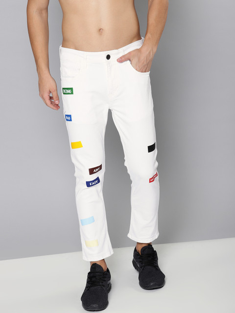 

Kook N Keech Men White Skinny Fit Mid-Rise Clean Look Stretchable Printed Cropped Jeans