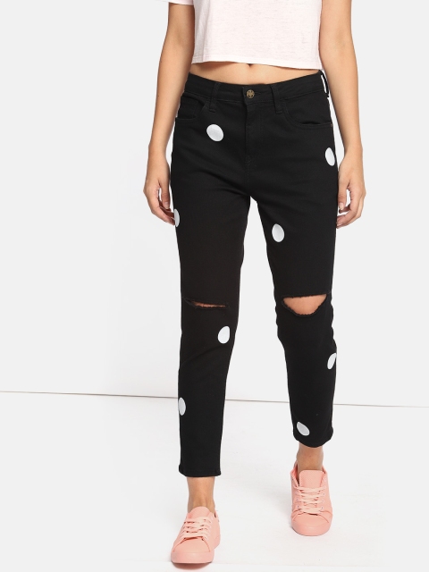 

Kook N Keech Women Black Skinny Fit Mid-Rise Slash Knee Printed Stretchable Cropped Jeans