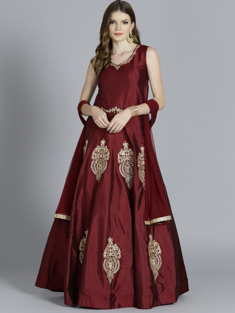 

Chhabra 555 Maroon & Golden Zari Work Made to Measure Cocktail Gown with Dupatta