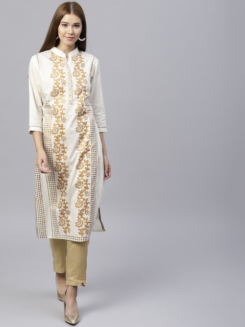 

Pannkh Women Off-White & Orange Printed Straight Kurta