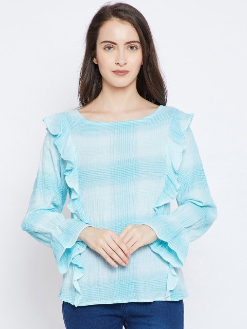 

Ruhaans Women Blue Checked Pure Cotton Top