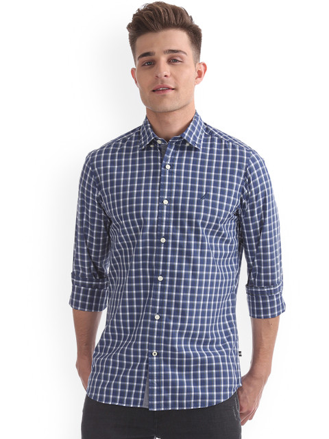 

Nautica Men Blue & White Regular Fit Checked Casual Shirt