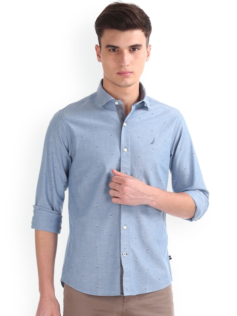 

Nautica Men Blue Long Sleeve Chambray Print Shirt