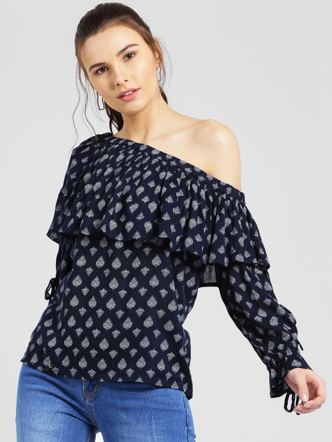 

MIWAY Women Navy Blue Printed Bardot Top