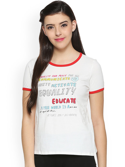 

People Women White Printed Round Neck T-shirt
