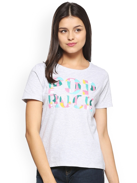 

People Women Grey Melange Printed Round Neck T-shirt
