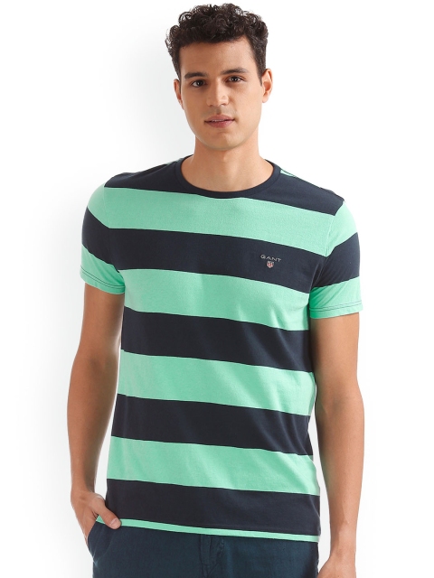 

GANT Men Green & Navy Blue Striped Round Neck T-shirt