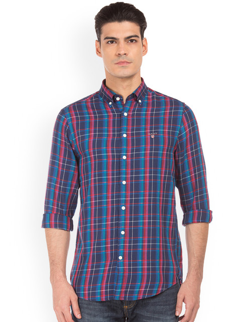 

GANT Men Navy Blue & Pink Regular Fit Checked Casual Shirt