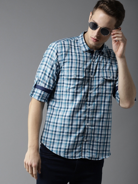 

DENNISON Men White & Blue Slim Fit Checked Casual Shirt