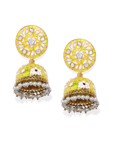 

Alamod Yellow Gold-Plated Meenakari Dome Shaped Kundan Jhumkas