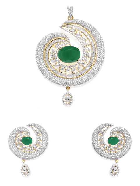 

Alamod White & Green Gold-Plated Cubic Zirconia Pendant and Earrings