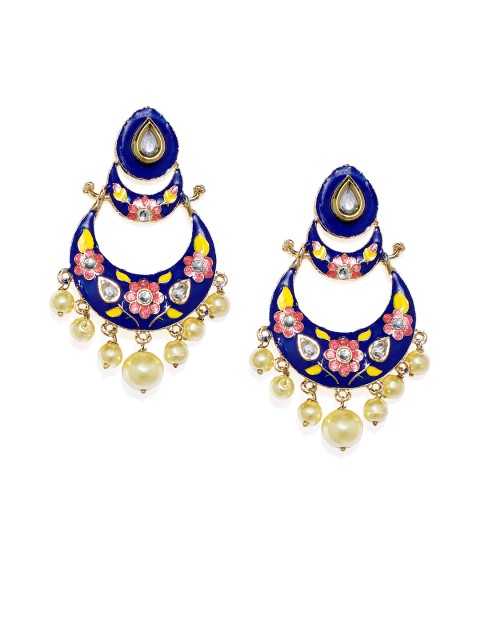 

Alamod Gold-Toned Gold-Plated Meenakari Crescent Shaped Kundan Chandbalis