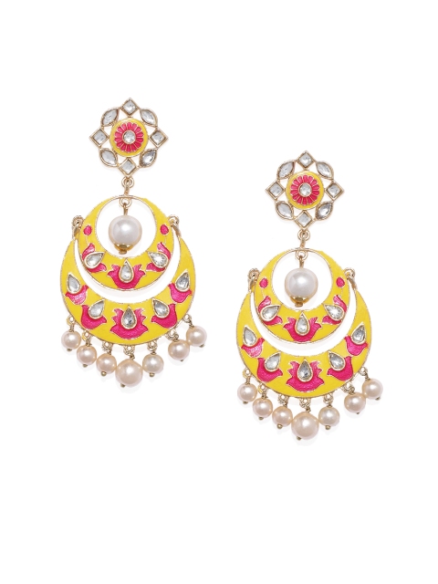 

Alamod Gold-Toned Gold-Plated Meenakari Crescent Shaped Kundan Chandbalis