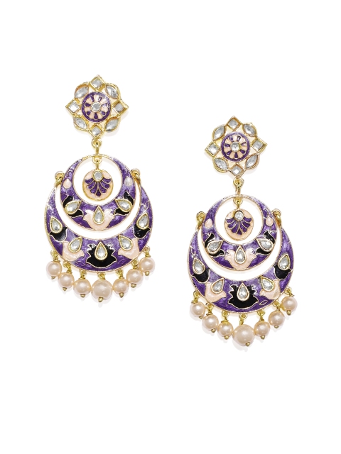 

Alamod Gold-Toned Gold-Plated Meenakari Crescent Shaped Kundan Chandbalis