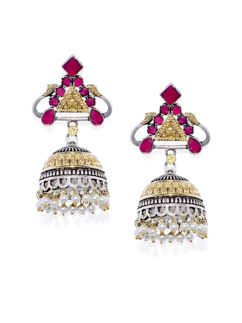 

Alamod Gunmetal-Toned & Red Oxidized Rhodium-Plated Dome Shaped Jhumkas, Metallic
