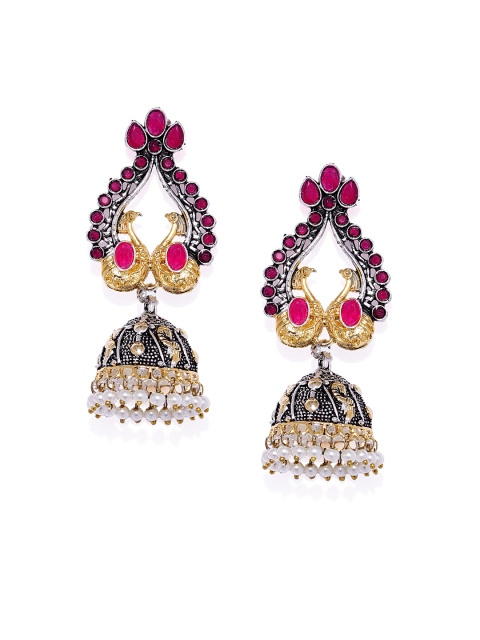

Alamod Black & Pink Rhodium-Plated Peacock Shaped Jhumkas, Metallic