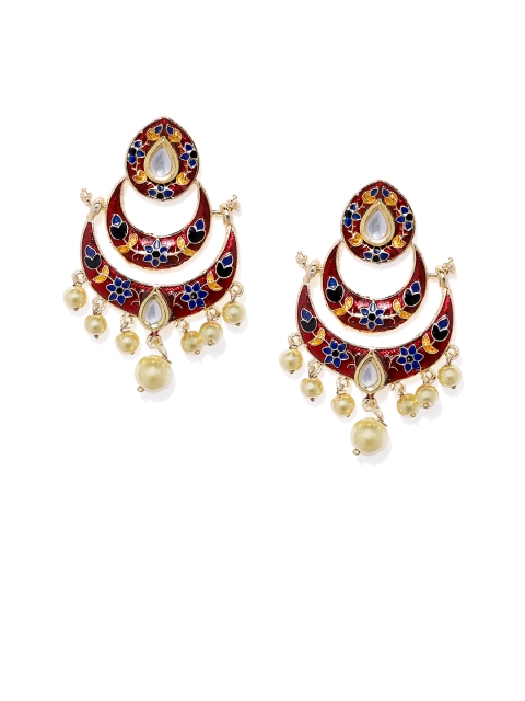 

Alamod Women Gold-Plated Meenakari Crescent Shaped Kundan Chandbalis