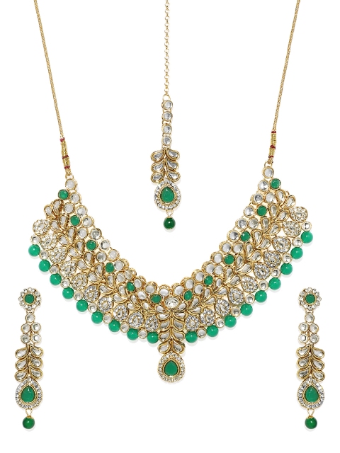 

Alamod White & Green Gold-Plated Necklace and Earrings With Maang Tika