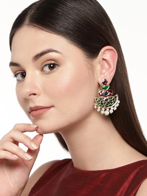 

Alamod Gold-Toned Gold-Plated Meenakari Classic Pearls Chandbalis
